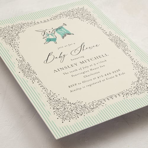 This is a seafoam baby shower postcards with standard by Jackie Crawford called little welcome printing on signature in postcard
