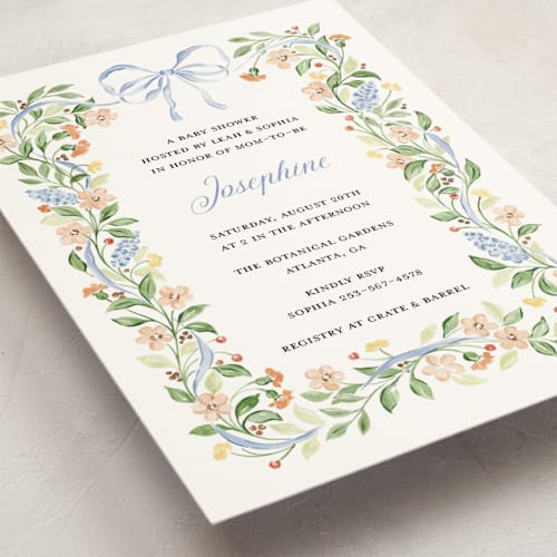 This is a bluebell baby shower postcards with standard by Sarah Knight called garden ribbon printing on signature in postcard