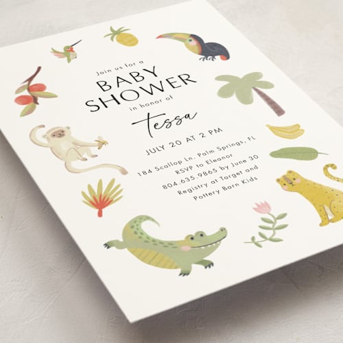 This is a ivory baby shower postcards with standard by Kate Blalock called tropical animals printing on signature in postcard