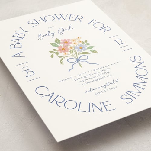 This is a periwinkle baby shower postcards with standard by Paper Raven Co. called bitty bouquet printing on signature in postcard