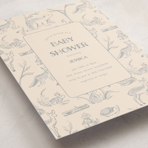 This is a bamboo baby shower postcards with standard by Teju Reval called forest toile printing on signature in postcard