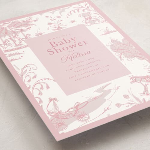 This is a blush baby shower postcards with standard by Teju Reval called baby toile printing on signature in postcard