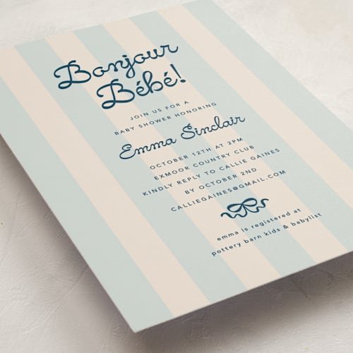 This is a marina baby shower postcards with standard by Olivia Raufman called mariniere printing on signature in postcard