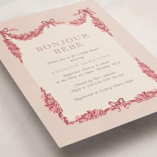 This is a peony baby shower postcards with standard by Itsy Belle Studio called bonjour bebe printing on signature in postcard