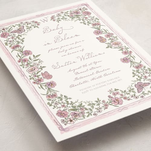 This is a heather baby shower postcards with standard by Jenna Holcomb called baby in bloom. printing on signature in postcard