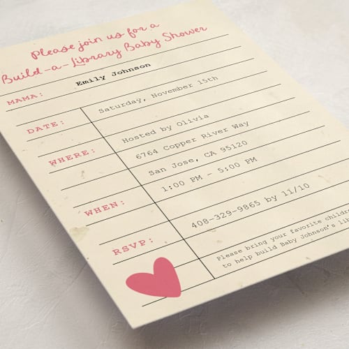 This is a peony baby shower postcards with standard by Ilene Guy called build a library printing on signature in postcard