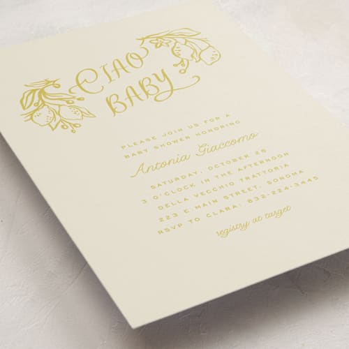 This is a limoncello baby shower postcards with standard by Pati Cascino called ciao baby printing on signature in postcard