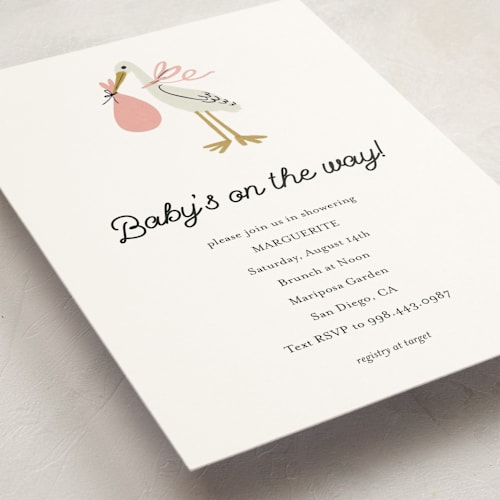 This is a blush baby shower postcards with standard by Ani Somi called little stork printing on signature in postcard