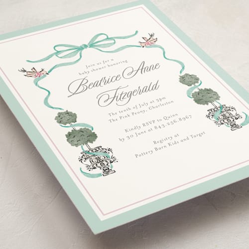 This is a aquamarine baby shower postcards with standard by Jackie Crawford called tiny topiary printing on signature in postcard