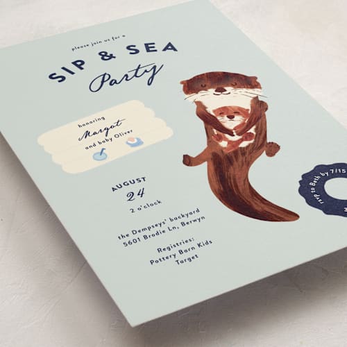 This is a sea baby shower postcards with standard by Gwen Bedat called sip & sea printing on signature in postcard