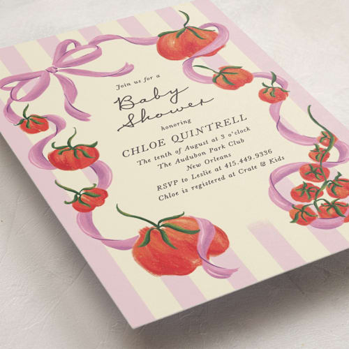 This is a plum baby shower postcards with standard by Jackie Crawford called petit pomodoro printing on signature in postcard