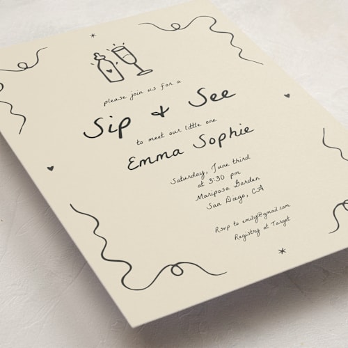 This is a ivory baby shower postcards with standard by Stephanie Heinrich Godbout called doodle sip and see printing on signature in postcard