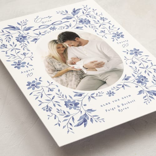 This is a bluebird petite birth announcements with standard by Susan Zinader called daisy toile printing on signature in petite