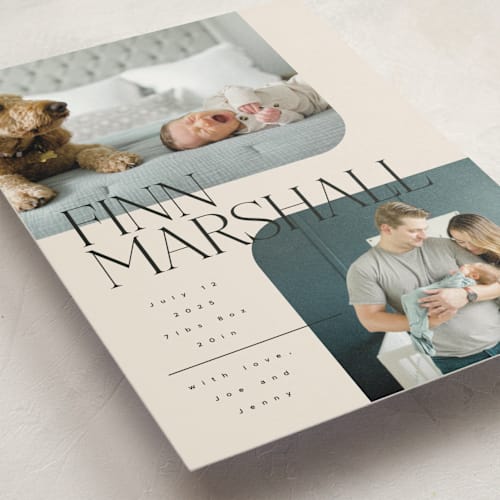 This is a linen petite birth announcements with standard by Kelly Schmidt called happy overlay printing on signature in petite