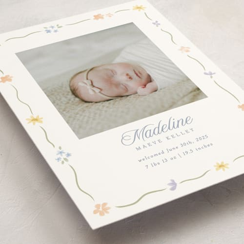 This is a bouquet petite birth announcements with standard by Robert and Stella called petite garden printing on signature in petite