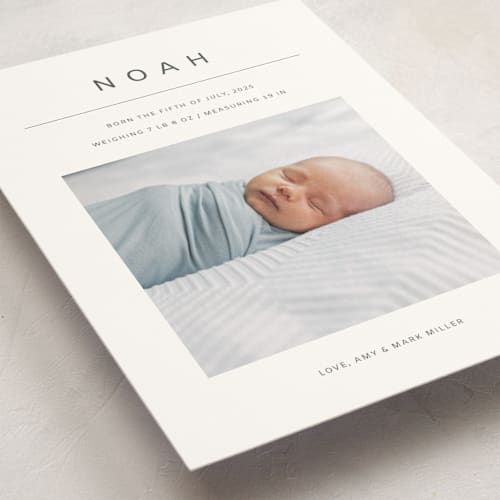 This is a cotton petite birth announcements with standard by Ani Somi called noah printing on signature in petite