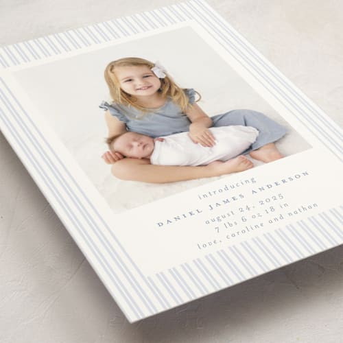 This is a sky petite birth announcements with standard by Jennifer Holbrook called pinstripe frame printing on signature in petite