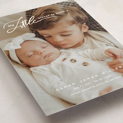 This is a cotton petite birth announcements with standard by Creo Study called sibling intro printing on signature in petite