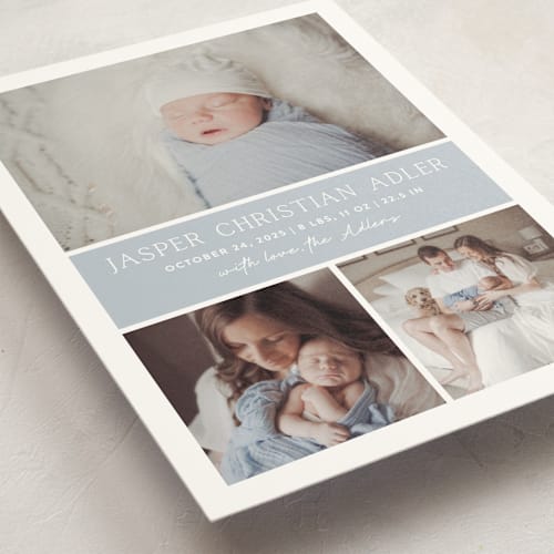 This is a bluebell petite birth announcements with standard by Vanessa Doyle called color block printing on signature in petite