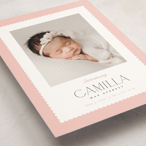 This is a rose petite birth announcements with standard by Robert and Stella called sweet scallop printing on signature in petite