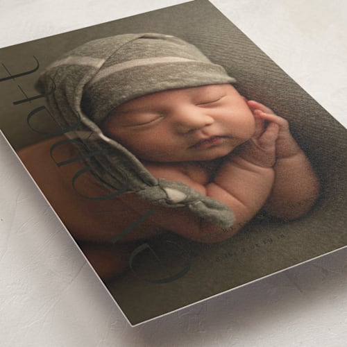 This is a onyx petite birth announcements with standard by Erica Krystek called modern name printing on signature in petite