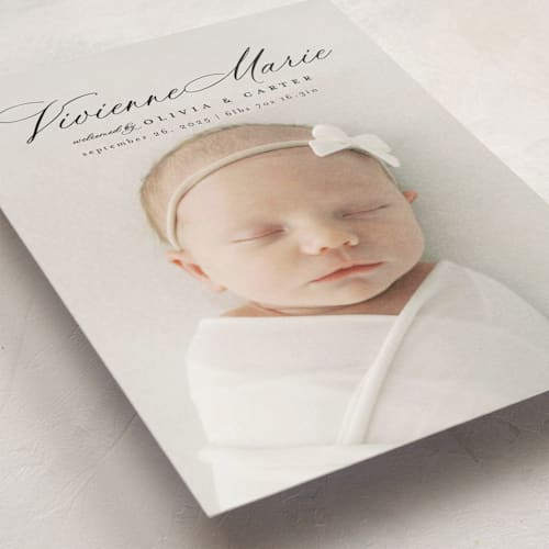 This is a noir petite birth announcements with standard by Ashlee Townsend called enchanted love printing on signature in petite