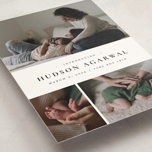 This is a noir petite birth announcements with standard by Wildfield Paper Co called quartzite printing on signature in petite