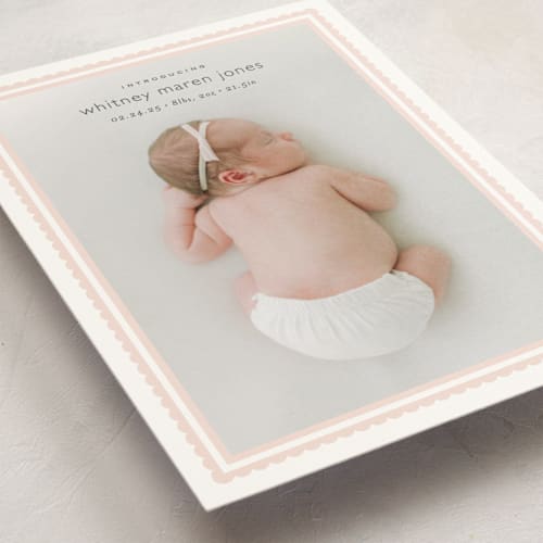 This is a baby blush petite birth announcements with standard by Carolyn MacLaren called scalloped border printing on signature in petite