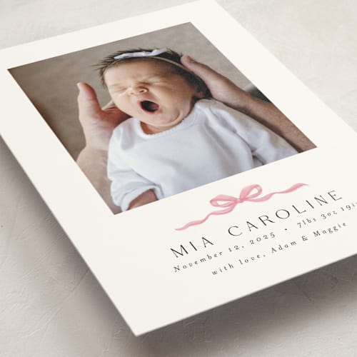 This is a cotton candy petite birth announcements with standard by Paula Pecevich called sweet bow printing on signature in petite