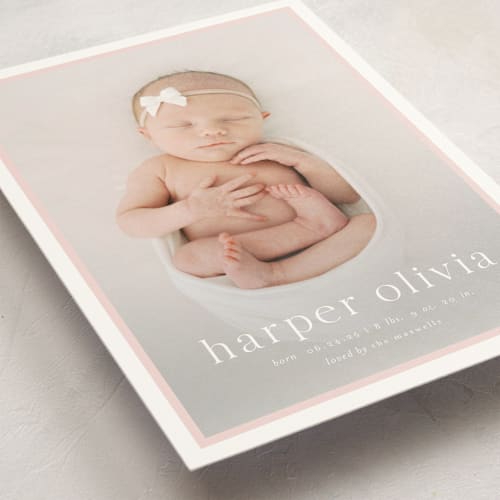 This is a rose petite birth announcements with standard by Alexandra Cohn called portraiture printing on signature in petite