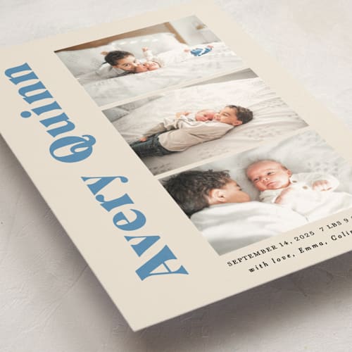 This is a blueberry petite birth announcements with standard by Benita Crandall called moderne bébé printing on signature in petite