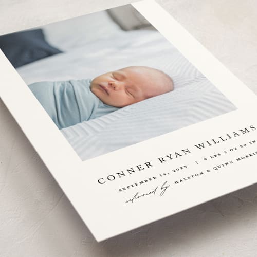 This is a onyx petite birth announcements with standard by Pixel and Hank called dreamer printing on signature in petite