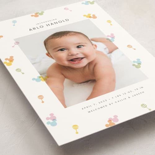 This is a candy petite birth announcements with standard by Ellen Schlegelmilch called disney's mickey confetti printing on signature in petite