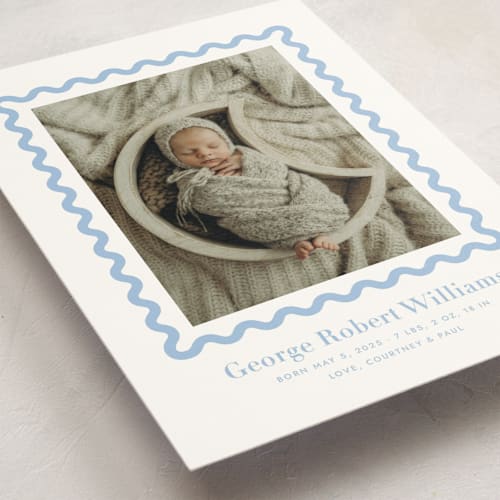 This is a bluebell petite birth announcements with standard by Megan Davis called ric rac printing on signature in petite
