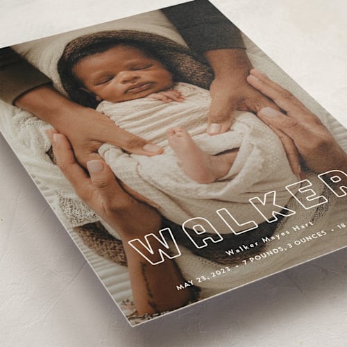 This is a powder petite birth announcements with standard by Sara Hicks Malone called snug printing on signature in petite