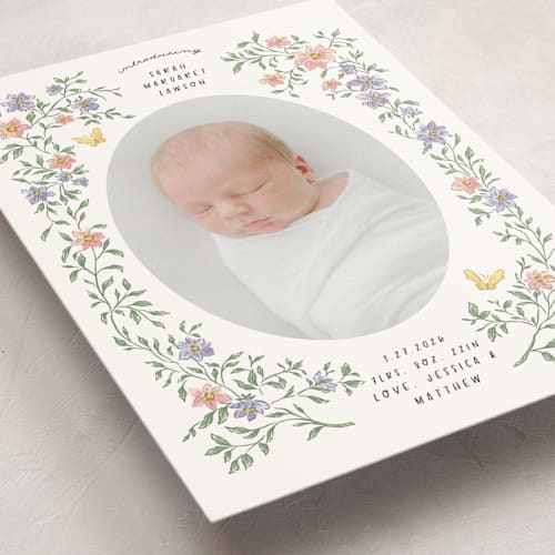 This is a garden petite birth announcements with standard by Grae called tiny flowers printing on signature in petite