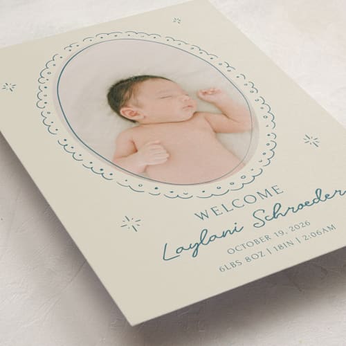 This is a deep pond petite birth announcements with standard by Zove Ahhh called doodle frame printing on signature in petite