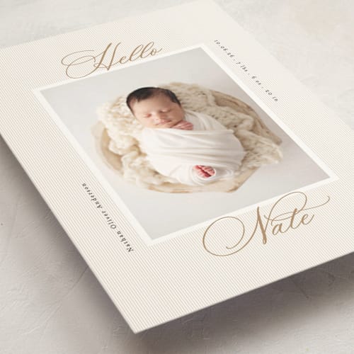 This is a sand petite birth announcements with standard by Gwen Bedat called sweet stripes printing on signature in petite