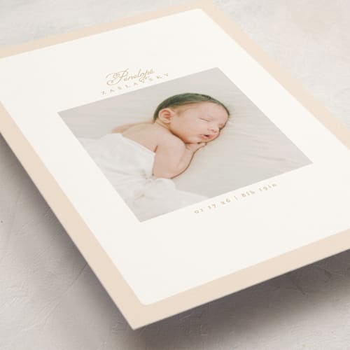 This is a peachy petite birth announcements with standard by Phrosné Barwood called soft frame printing on signature in petite