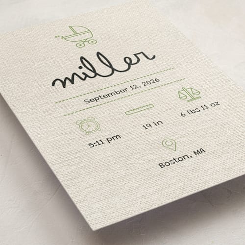 This is a mint petite birth announcements with standard by Ashley Langlais called stitched together printing on signature in petite