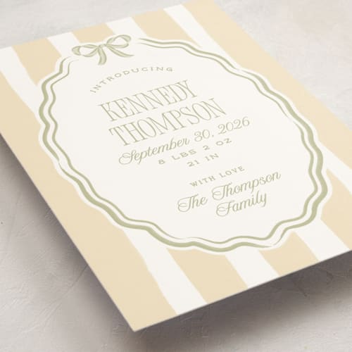 This is a sage petite birth announcements with standard by Robert and Stella called bow frame printing on signature in petite