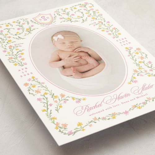 This is a cotton candy petite birth announcements with standard by Creo Study called cottagecore printing on signature in petite