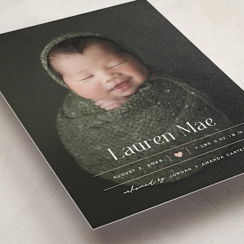 This is a blush birth announcement postcards with standard by Pixel and Hank called heart printing on signature in postcard