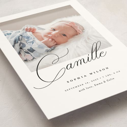 This is a ebony birth announcement postcards with standard by Benita Crandall called the script printing on signature in postcard