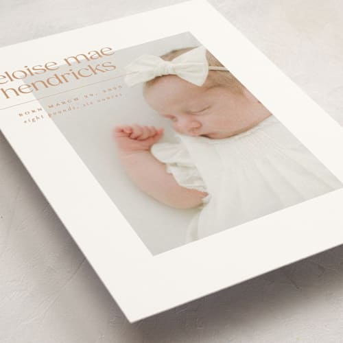 This is a peach birth announcement postcards with standard by Ellen Schlegelmilch called eloise printing on signature in postcard