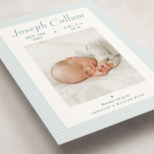 This is a baby blue birth announcement postcards with standard by Alston Foster called sweet stripes printing on signature in postcard