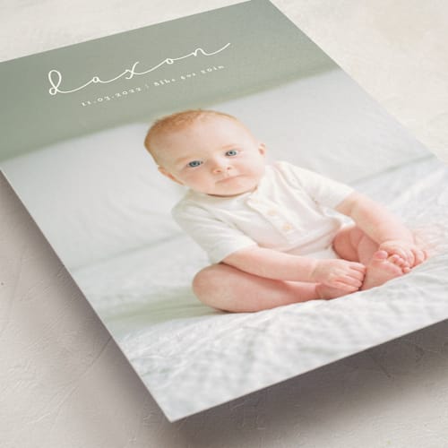 This is a foam birth announcement postcards with standard by Benita Crandall called gazing baby boy printing on signature in postcard