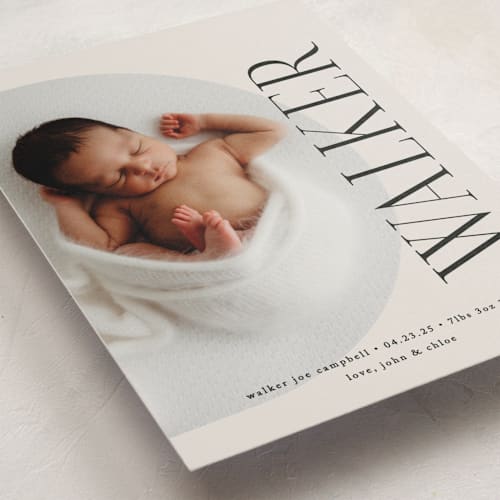 This is a cream birth announcement postcards with standard by Brianne Larsen called round printing on signature in postcard