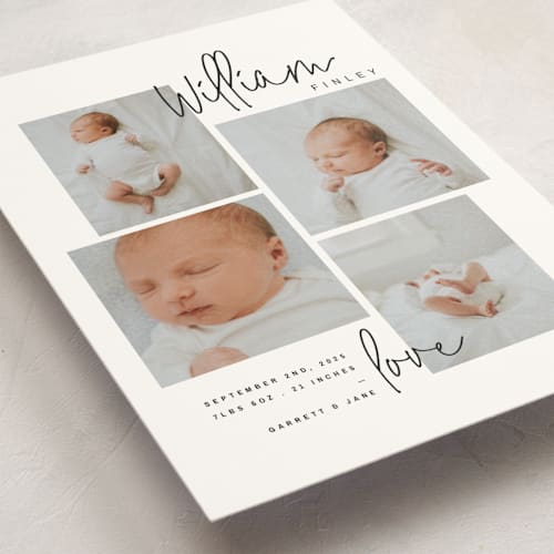 This is a onyx birth announcement postcards with standard by Lindsay Stetson Thompson called overjoyed script printing on signature in postcard