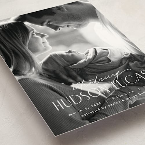 This is a stone birth announcement postcards with standard by Pixel and Hank called little introduction printing on signature in postcard